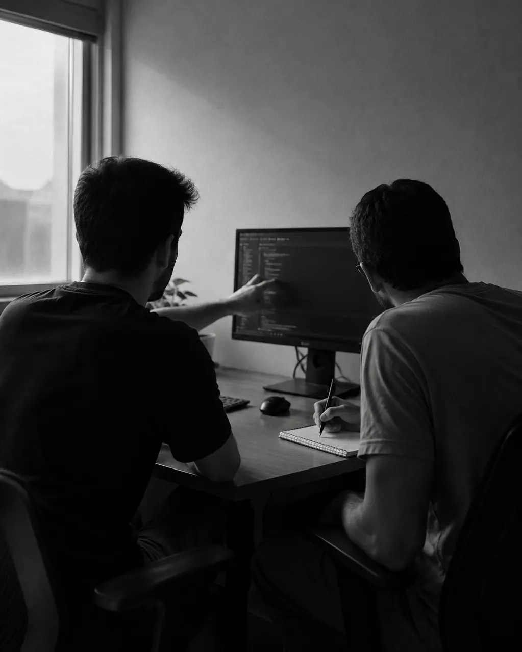 Duas pessoas sentadas a uma mesa, uma apontando para o código na tela e a outra anotando em um caderno.